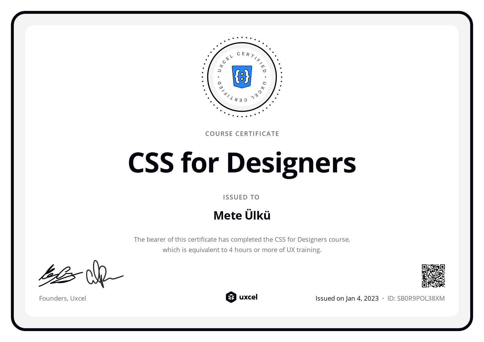 Mete Ülkü's certificate